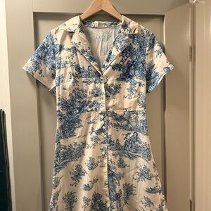 Cream and Blue Toile Button-Front Dress
